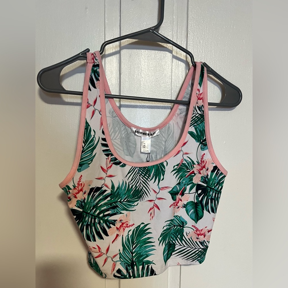 Sommer Ray Tropical Print Top with Pink and Green Accents